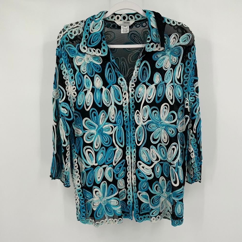 Womens Resort Glam Sheer Embroidered Top Size M Artwear Coastal‎ Boho Floral